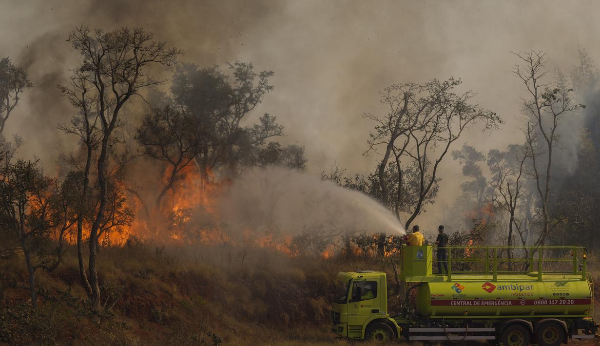 Kebakaran menghanguskan sebagian Taman Juquery di Franco da Rocha, wilayah Sao Paulo, Brasil, Senin (23/8/2021). Otoritas setempat masih menyelidiki asal dari balon udara panas kertas ilegal yang mendarat dan menyebabkan kebakaran tersebut. (AP/Andre Penner)