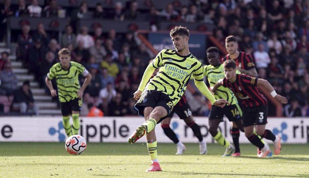 Pemain berbanderol Rp 1,2 triliun, Kai Havertz akhirnya berhasil mencetak gol perdana setelah sembilan laga pertamanya untuk The Gunners. (Robbie Stephenson/PA via AP)