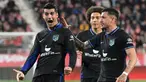 Penyerang Atletico Madrid Alvaro Morata (kiri) merayakan gol ke gawang Girona pada pertandingan sepak bola Liga Spanyol di Stadion Montilivi, Girona, Spanyol, 13 Maret 2023. Gol tunggal Alvaro Morata membawa Atletico Madrid mengalahkan Girona. (LLUIS GENE/AFP)