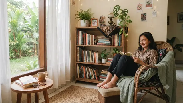 Sudut healing di rumah tanpa renovasi dan biaya mahal yang hasilnya cozy nyaman dengan rak buku yang jadi bookworm paradise