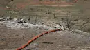 Sebuah pembatas yang dulunya terapung di atas air terlihat berada di dasar Danau Oroville yang mengering di Oroville, California (1/6/2021). Menurut Pemantau Kekeringan AS, 16 persen wilayah California telah mengalami kekeringan luar biasa. (AFP/Justin Sullivan)