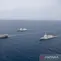 Kapal induk ITS Giuseppe Garibaldi-551 (kiri) berlayar bersama KRI Brawijaya-320 (kedua kanan) dan KRI Prabu Siliwangi-321 di Perairan Bangka, Bangka Belitung, Kamis (17/9/2026). (ANTARA FOTO)