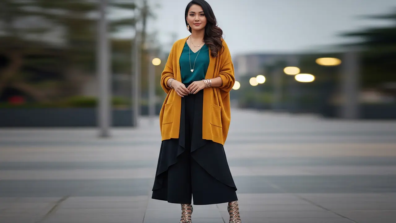 Model Outerwear Kardigan dengan Inner dan Celana Palazzo