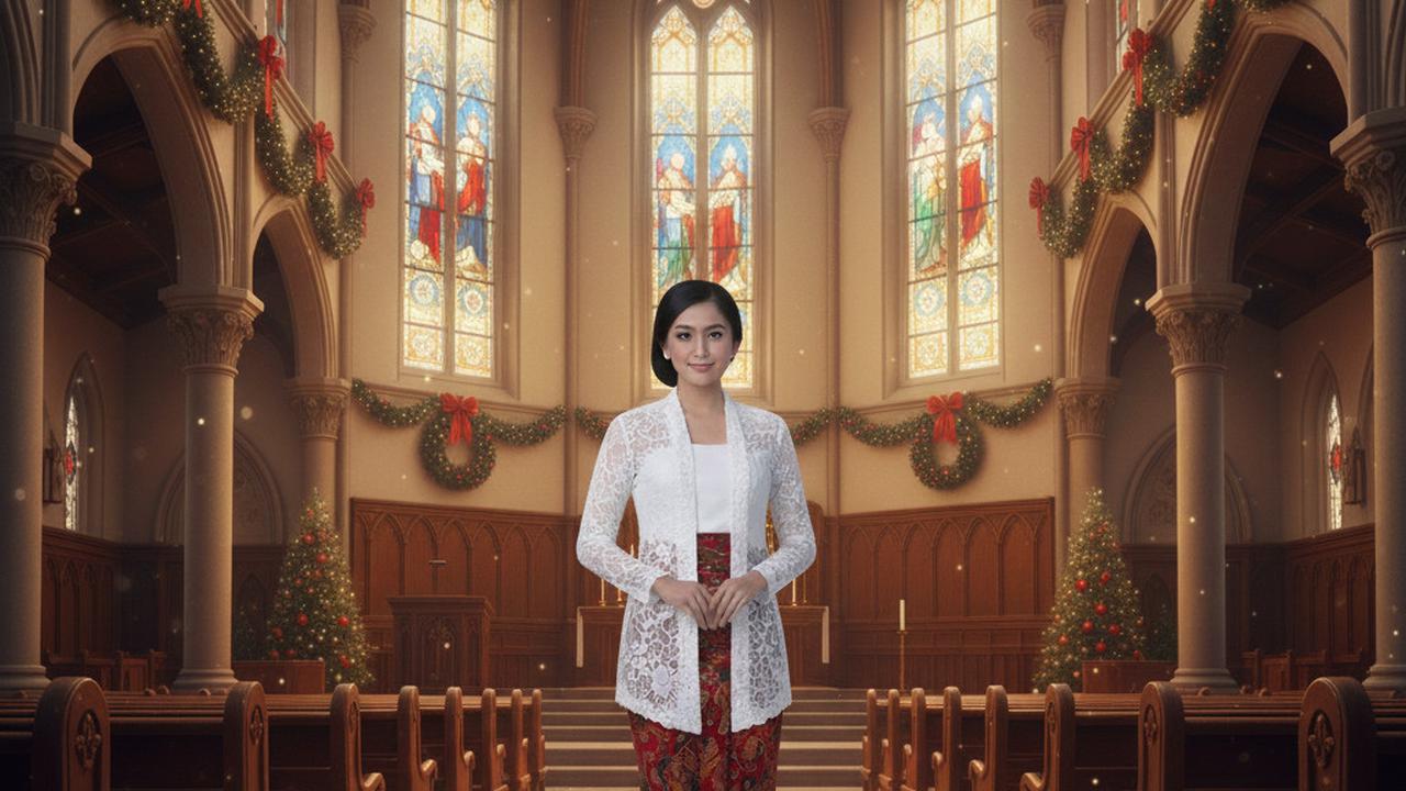 Kebaya Brokat Putih dengan Kain Batik Merah untuk Perayaan Natal