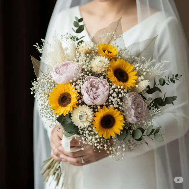 Ide Buket Pengantin dari Bunga Kering: Matahari dan Peony