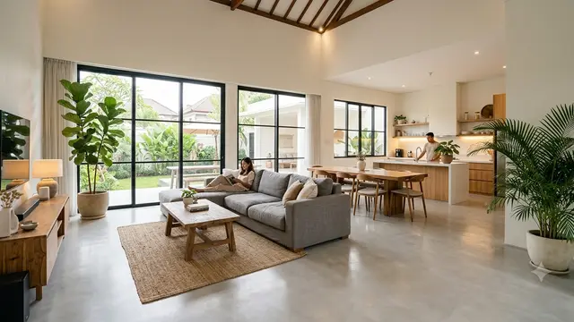 Desain Rumah Lantai Semen Ekspos Halus, Terlihat Elegan, Bersih dan Bikin Nyaman Model Open Space Ruang Keluarga Lantai Semen Ekspos