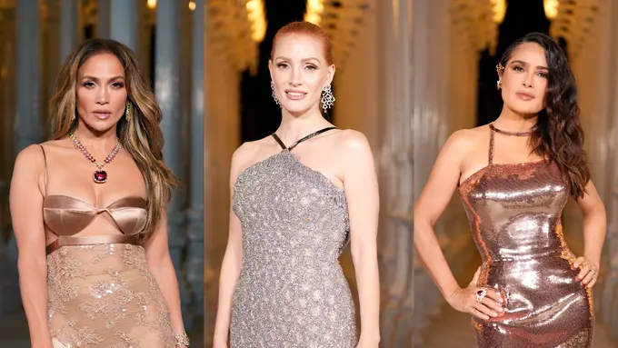 Adu Pesona Mahal Jennifer Lopez, Jessica Chastain Salma Hayek Kenakan Gaun Malam dari Gucci Ancora Notte di LACMA ART+Film Gala
