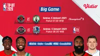 Live streaming big game NBA di Vidio, Raptors vs Celtics dan Rockets kontra Mavericks, Selasa (5/1/2021) dapat disaksikan melalui platform Vidio. (Sumber: Dok. Vidio)