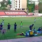 Para pemain Sulut United saat menjalani latihan perdana di Stadion Klabat Manado, Jumat (21/8/2020).