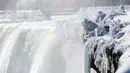 Es dan air mengalir di tepi Horseshoe Falls dari Air Terjun Niagara di Ontario, Kanada, Kamis (31/1). Suasananya yang putih terlihat seperti hamparan kapas saat Air Terjun Niagara diabadikan dari udara. (Tara Walton/The Canadian Press via AP)