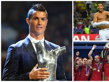 Bintang Real Madrid, Cristiano Ronaldo, meraih penghargaan UEFA Best Player in Europe 2015-2016, Kamis (25/8/2016). Berikut perjalanan manis CR 7 selama musim 2015-2016. (AFP)