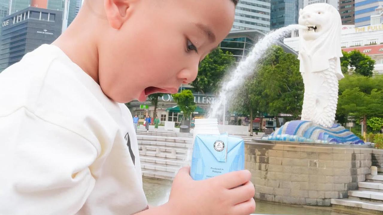 Potret Rayyanza Berpose Lucu di Depan Patung Merlion, Netizen: Wudhu Aja Nyampe Singapore