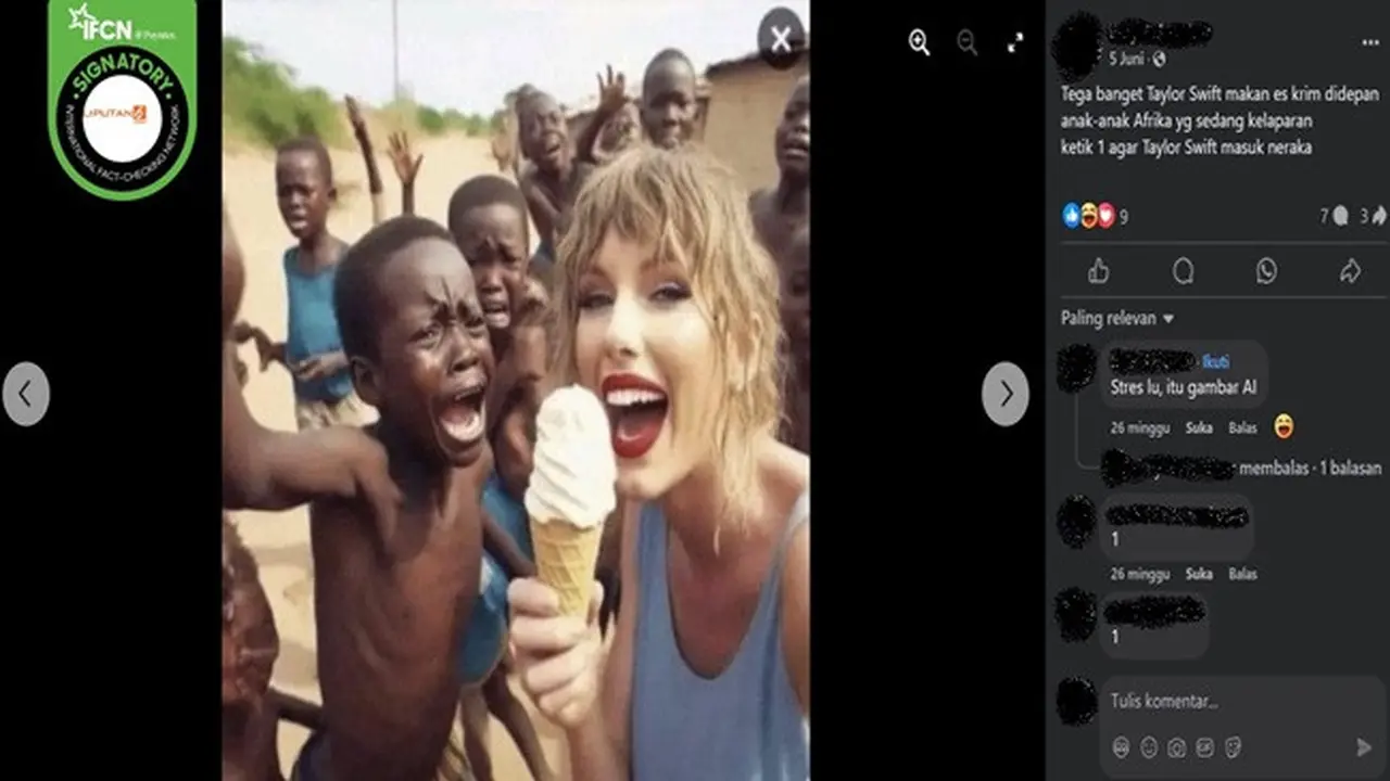 Gambar tangkapan layar foto yang diklaim Taylor Swift makan es krim di depan anak-anak yang kepalaran. (sumber: Facebook)