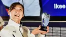Ekspresi perenang Jepang, Rikako Ikee setelah dinobatkan sebagai Most Valuable Player (MVP) Asian Games 2018 di Jakarta, Minggu (2/9). Rikako Ikee terpilih berkat prestasi luar biasa pada ajang Asian Games 2018. (Juni Kriswanto/AFP)