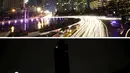 Foto kombinasi yang menunjukkan suasana di kawasan Bundaran HI sebelum dan saat memperingati Earth Hour di Jakarta, Indonesia (19/3/2016). Reuters/Garry Lotulung)