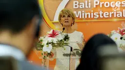 Menteri Luar Negeri Australia Julie Bishop saat Penutupan Bali Process 2018 di Nusa Dua Bali, Selasa (7/8). Bali Process menghasilkan strategi tiga cabang guna mengakhiri praktik perbudakan modern, dan perdagangan manusia. (Liputan6.com/Johan Tallo)