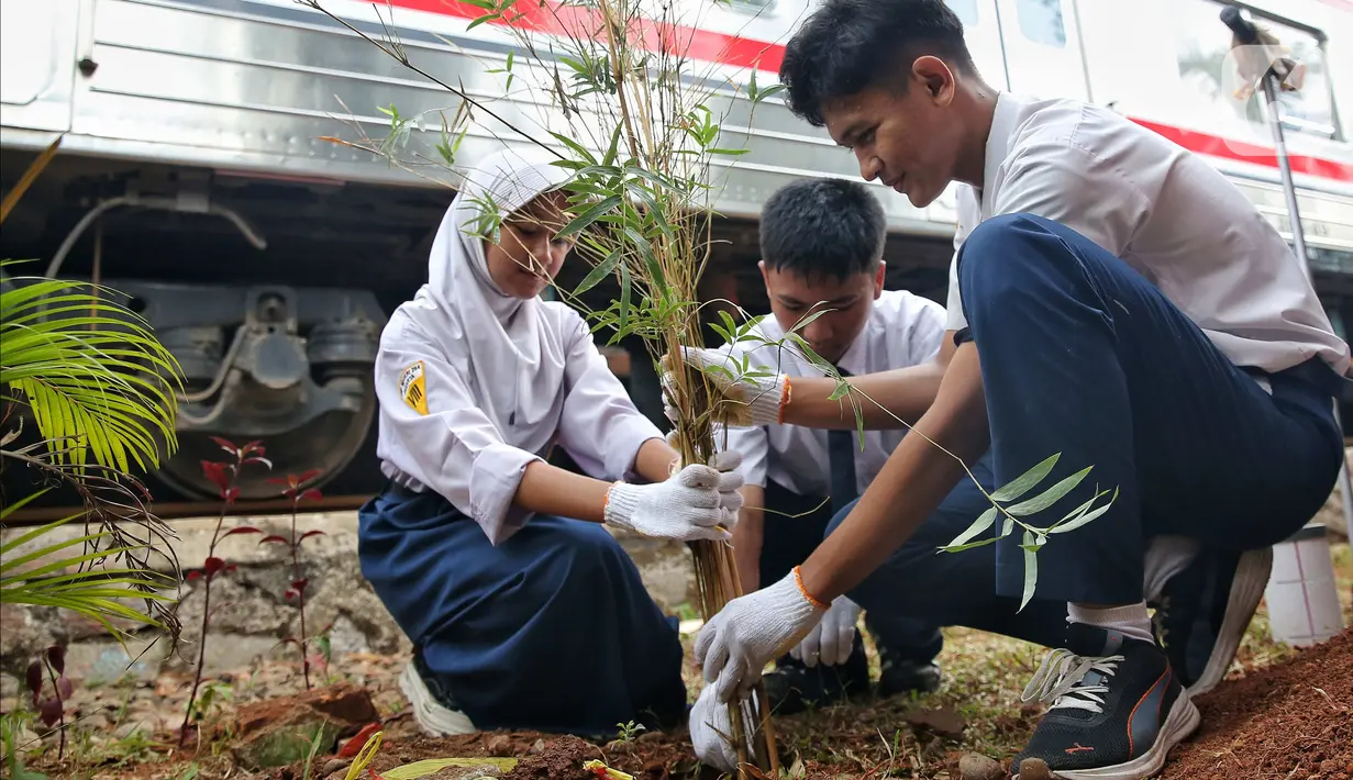 Selain lubang biopori, para pelajar juga melakukan penanaman pohon bambu untuk memperbaiki sistem penyerapan air tanah. (Liputan6.com/Angga Yuniar)