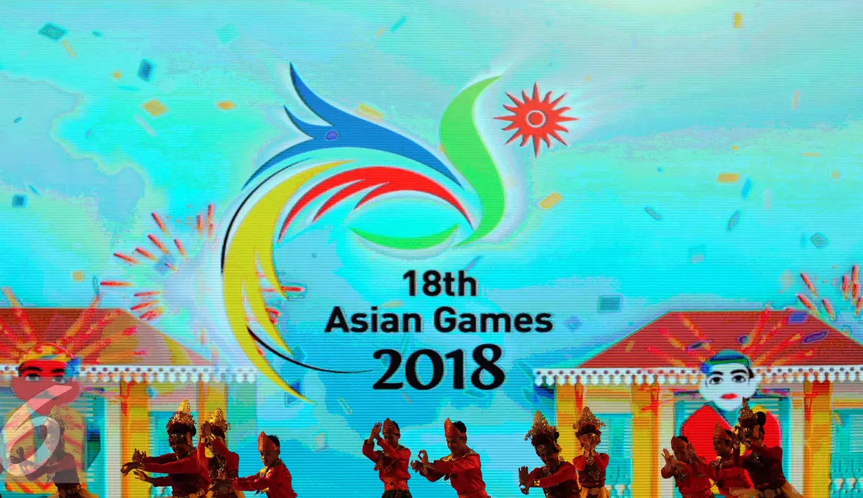 Tampilan utuh logo Asian Games ke-18 yang diluncurkan pada perayaan Hari Olahraga Nasional ke-32 di Istora Senayan Jakarta, Rabu (9/9/2015). Haornas ke-32 bertema Gelorakan Budaya Olahraga untuk Indonesia Hebat. (Liputan6.com/Helmi Fithriansyah) 