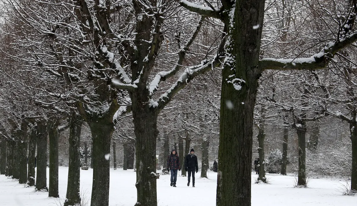 Orang berjalan selama hujan salju di lapangan Istana Charlottenburg di Berlin , Jerman , 17 Januari 2016. Tupai merah biasa ada di taman-taman yang ada di Jerman dan sejumlah negara Eropa lainnya. (REUTERS / (Fabrizio Bensch)