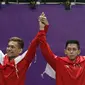 Ganda putra Indonesia, Fajar Alfian/M Rian Ardianto usai melawan Kevin Sanjaya S/Marcus F Gideon di Final Bulutangkis Asian Games 2018 di Istora GBK, Jakarta, Selasa (28/8). Kevin/Marcus unggul. (Liputan6.com/Helmi Fithriansyah)