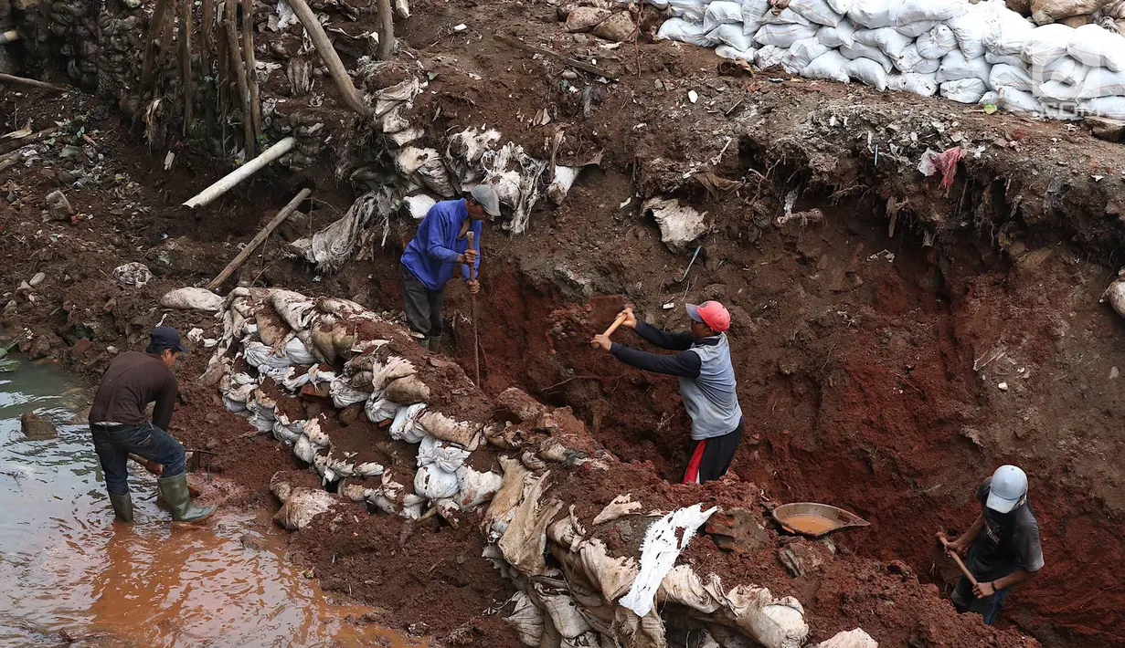 Pekerja membangun turap di bantaran Kali Setu Babakan, Jakarta, Sabtu (27/10). Turap dari tanah dan batu yang dimasukkan ke karung itu dibuat guna mencegah longsor yang sudah beberapa kali terjadi di kawasan tersebut. (Liputan6.com/Immanuel Antonius)