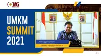 Menteri Koordinator Bidang Perekonomian Airlangga Hartarto saat memberikan keynote speech pada acara webinar Obsession Media Group UMKM Summit 2021 dengan tema “PPKM Outlook 2022, Pasca - PPKM dan Peluang 2022”, Sabtu (6/11/2021).