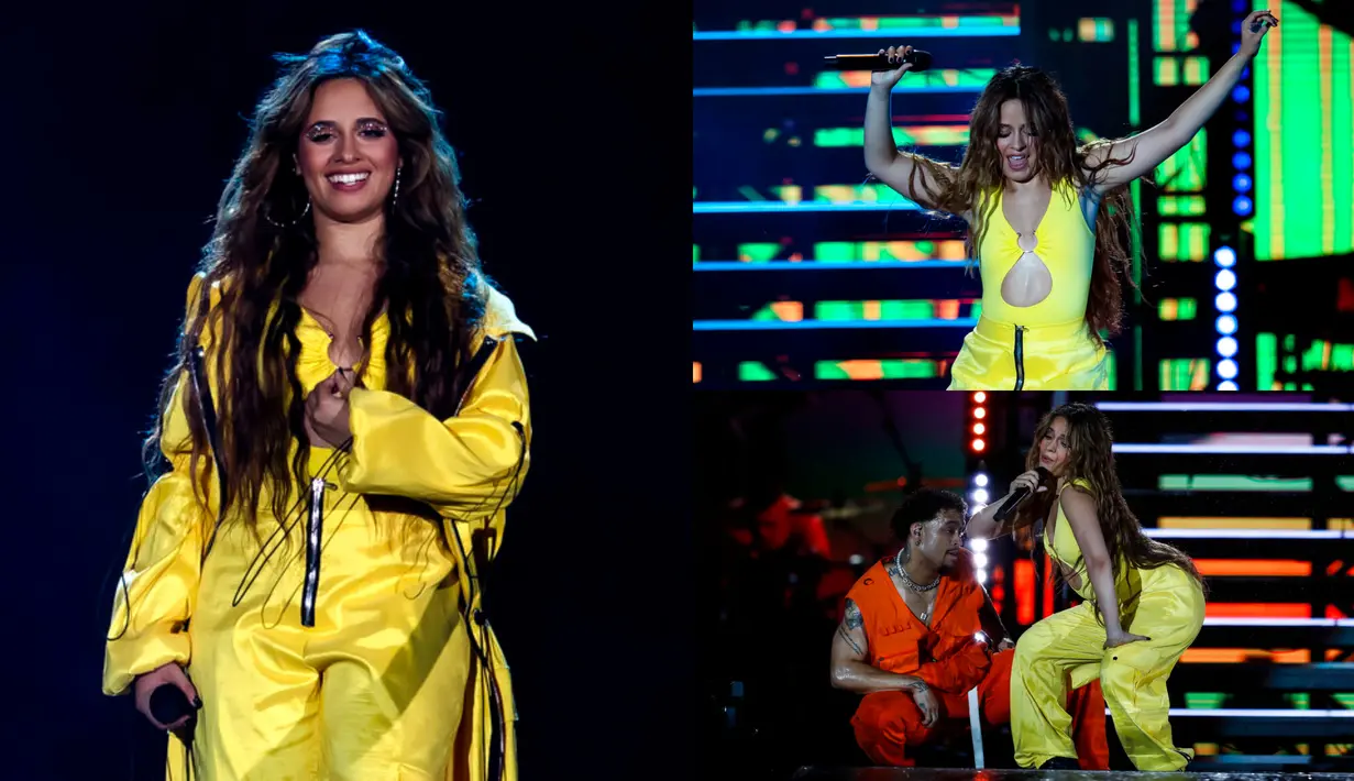 Kolase foto memperlihatkan saat Camila Cabello tampil pada festival musik Rock in Rio di Rio de Janeiro, Brasil, 10 September 2022. Penampilan Camila Cabello adalah salah satu yang paling ditunggu dari akhir pekan kedua Rock in Rio 2022. (AP Photo/Bruna Prado)