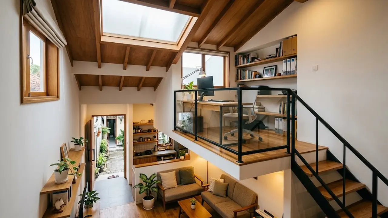Rumah Mezzanine dengan Ruang Kerja di Lantai Atas