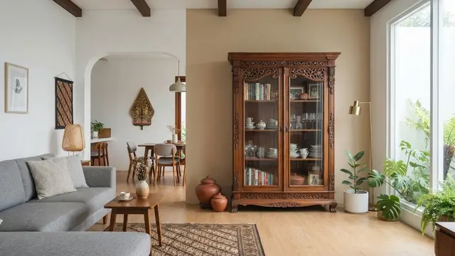 Ide dekorasi rumah menggunakan perabot antik model memanfaatkan lemari antik untuk penyimpanan, yang bikin interior jadi terasa mewah dan elegan