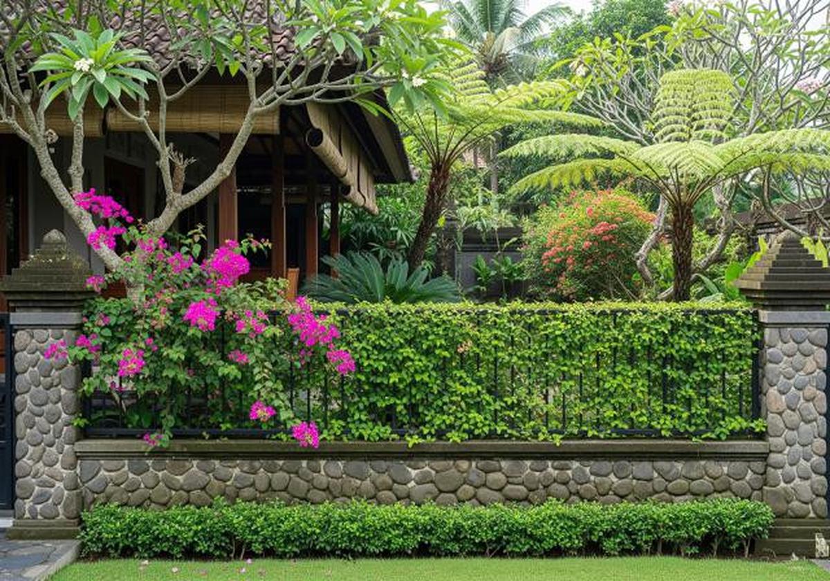 Pagar Batu Kali Setengah Badan dengan Tanaman Merambat/Pagar Rumah Natural dengan Batu Kali (Sumber: gemini.com)