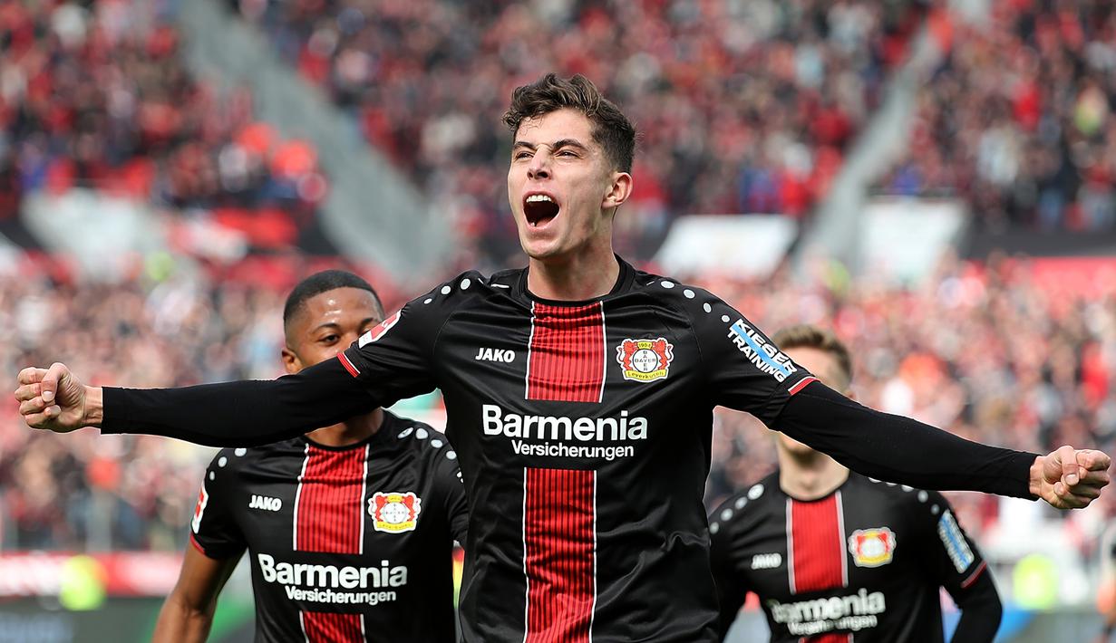 Gelandang Leverkusen, Kai Havertz, saat merayakan golnya ke gawang RB Leipzig dalam laga lanjutan kompetisi Bundesliga di Leverkusen, Jerman pada 6 April 2019. Bayer Leverkusen menang 2-1 atas Leipzig. (AFP/Hasan Bratic)