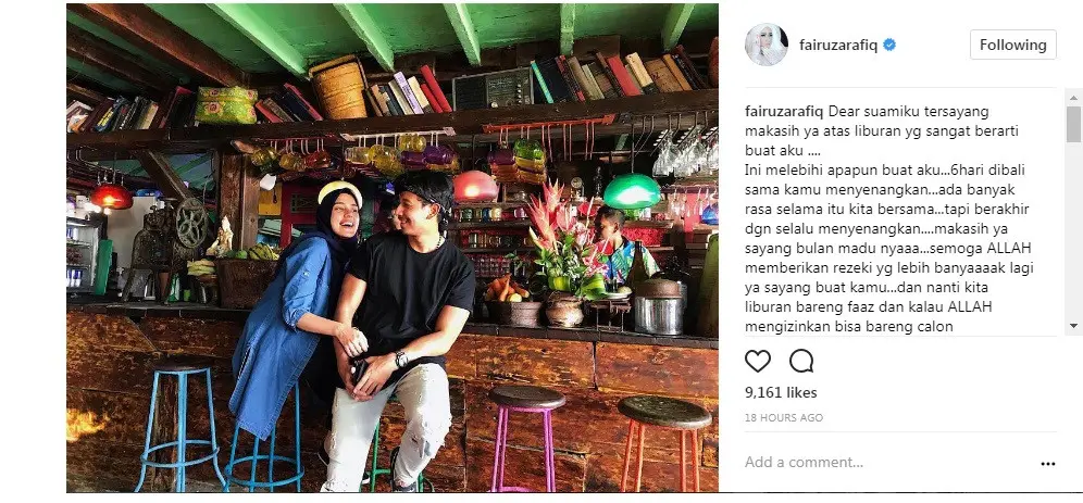 Fairuz A. Rafiq menikmati bulan madu bersama sang suami (Foto: Instagram)