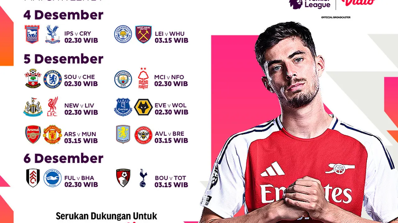Jadwal Liga Inggris 2024/25 Matchweek 14 di Vidio