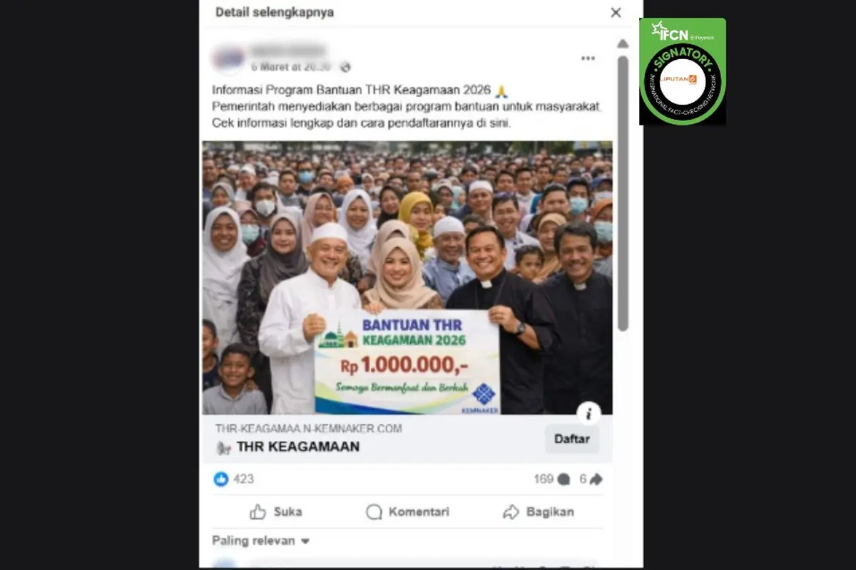 Cek Fakta Liputan6.com mendapati klaim link pendaftaran bantuan THR Keagamaan 2026 sebesar Rp 1.000.000 dari pemerintah.