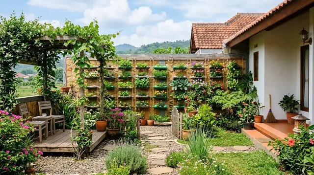 Cara Membuat Halaman Rumah Kecil Terasa Luas dengan Kebun Botol Bekas Vertikal, Cantik dan Produktif