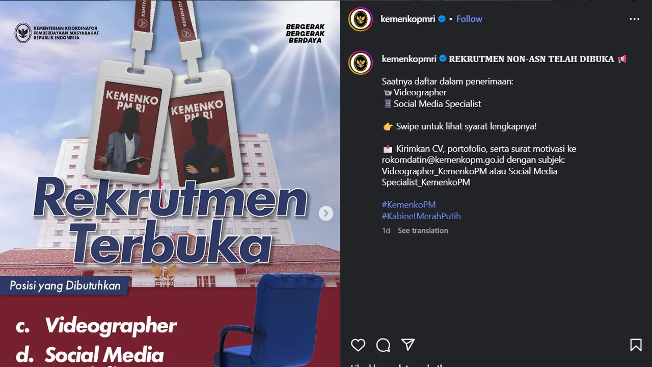 Informasi Rektrutmen Terbuka Kemenko PM RI Melalui Akun Instagram Resmi (Source: Akun Instagram @kemenkopmri)