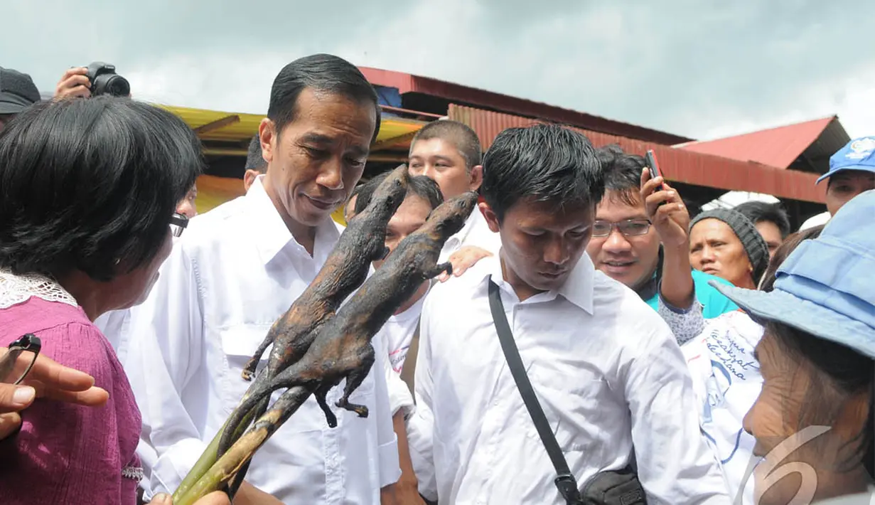 Jokowi menanyakan apakah tikus bakar itu enak dimakan. Pedagang dengan semangat mengatakan enak sekali, Sulawesi Utara, Sabtu (10/5/2014) (Liputan6.com/Herman Zakharia).