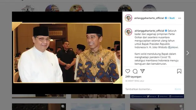 Ucapan ulang tahun dari Menteri Perindustrian Airlangga Hartarto  untuk Presiden Joko Widodo atau Jokowi.