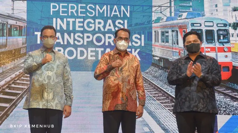 Peresmian Integrasi Transportasi Jabodetabek secara daring dihadiri Menteri BUMN Erick Thohir, Menteri Perhubungan Budi Karya Sumadi, dan Gubernur Provinsi DKI Jakarta  Anies Baswedan. (Dok Kemehub)