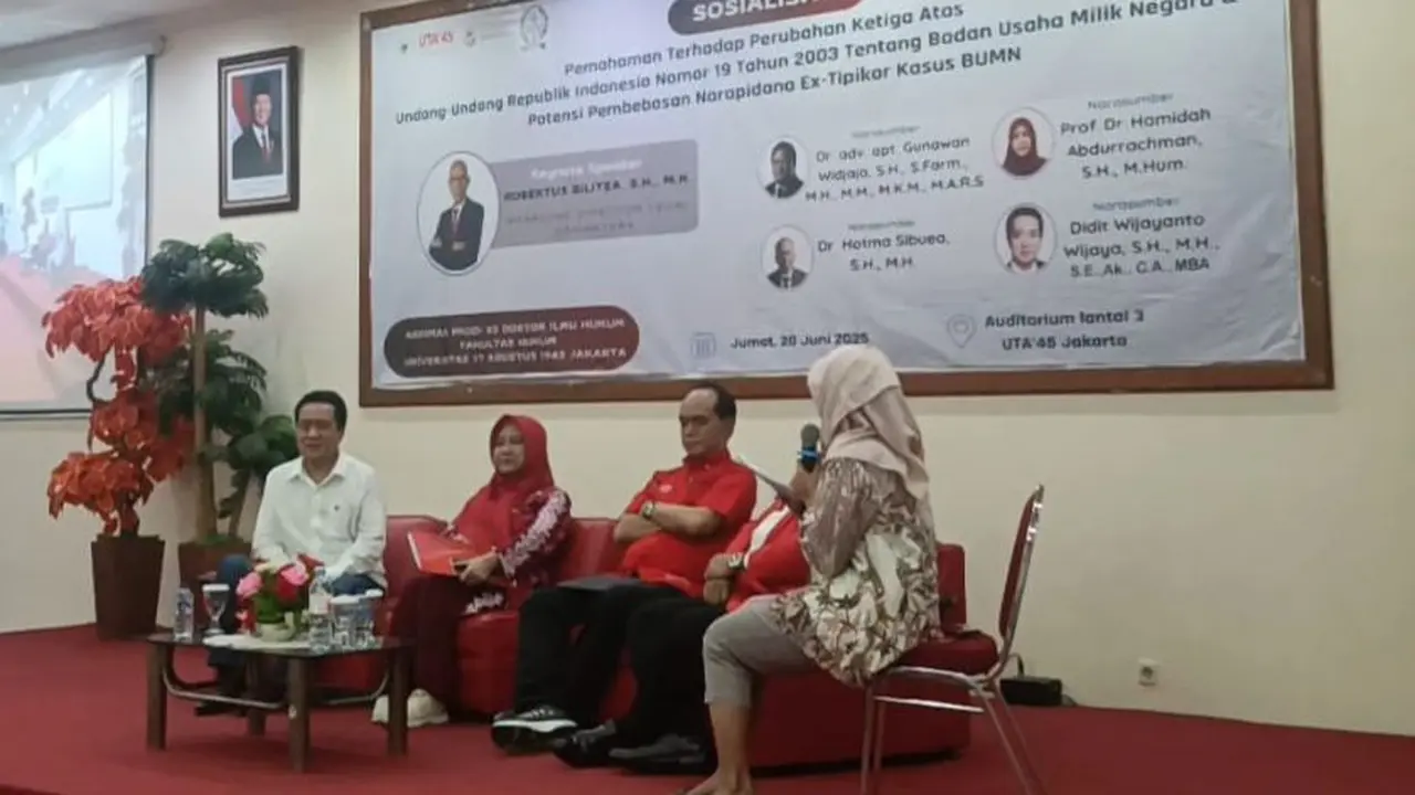 Program Studi Doktor Ilmu Hukum Fakultas Hukum Universitas 17 Agustus 1945 (UTA'45) Jakarta menyelenggarakan kegiatan sosialisasi bertajuk “Pemahaman Terhadap Perubahan Ketiga Atas Undang-Undang Republik Indonesia Nomor 19 Tahun 2003 Tentang Badan Usaha M