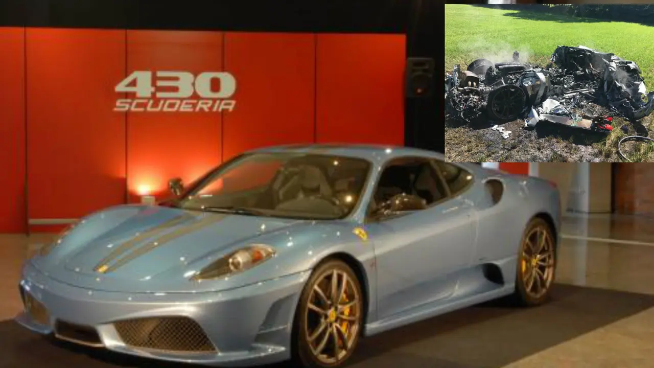 Ilustrasi Ferrari 430 Scuderia (News.com.au) dan Ferrari 430 Scuderia yang terbakar hangus (South Yorkshire Police/Facebook).