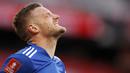 Striker Leicester City, Jamie Vardy, tampak kecewa usai gagal mencetak gol ke gawang Southampton pada laga Piala FA di Stadion Wembley, Senin (19/4/2021). Leicester City menang dengan skor 1-0. (John Sibley/Pool via AP)