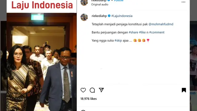 Politisi PDI Perjuangan Rieke Diah Pitaloka meminta Menteri Koordinator Bidang Politik, Hukum, dan Keamanan (Menko Polhukam) Mahfud Md untuk tetap menjaga konstitusi.
