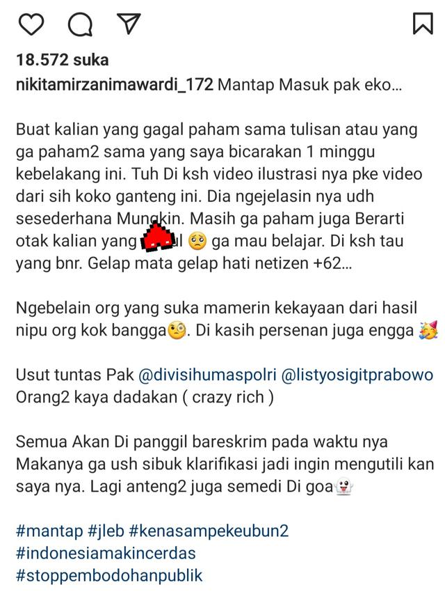 Unggahan Nikita Mirzani. (Foto: Dok. Instagram @nikitamirzanimawardi_172)