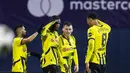 Jelang akhir pertandingan atau pada menit ke-90, Serhou Guirassy berhasil mencatatkan namanya di papan skor. Borussia Dortmund unggul 3-0 atas Dinamo Zagreb. (Damir SENCAR/AFP)