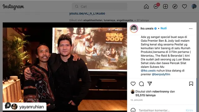 Unggahan Iko Uwais soal Yayan Ruhian. (Foto: Dok. Instagram @iko.uwais)