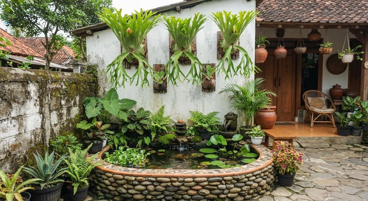 Tanaman yang cocok dipadukan dengan kolam mini di teras yakni paku tanduk rusa
