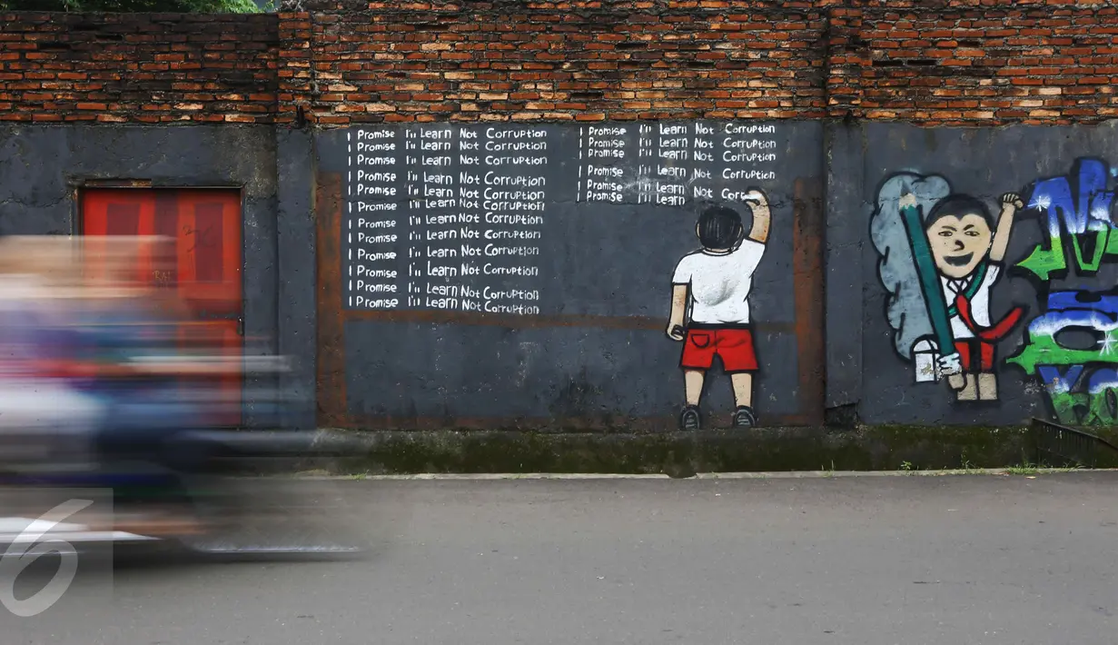 Sebuah mural yang bergambar himbauan atau berpesan untuk tidak korupsi di Jakarta, Minggu (05/03). Mural tersebut mengedukasi masyarakat untuk tidak melakukan praktik korupsi khususnya bagi para pelajar. (Liputan6.com/Helmi Afandi)