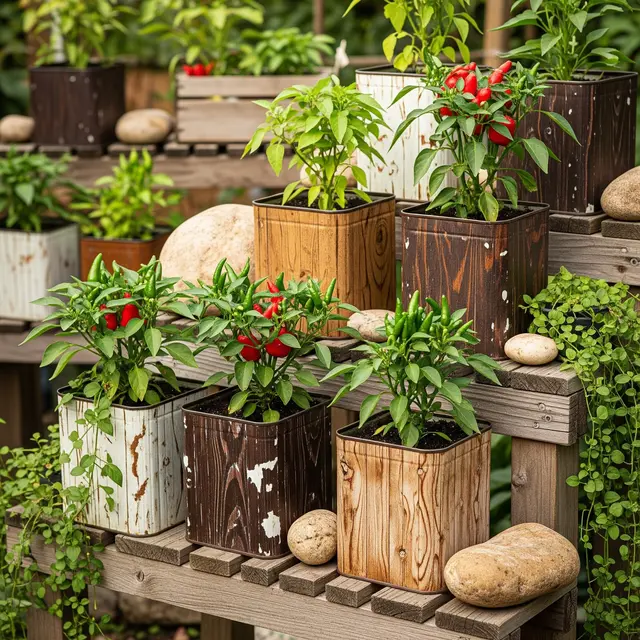 Ide Kebun Cabai di Kaleng Biskuit Bekas Gaya Rustic (AI)
