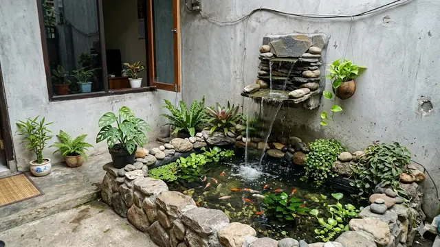 Desain Kolam Ikan Mini Nempel Tembok Rumah di Teras Sempit